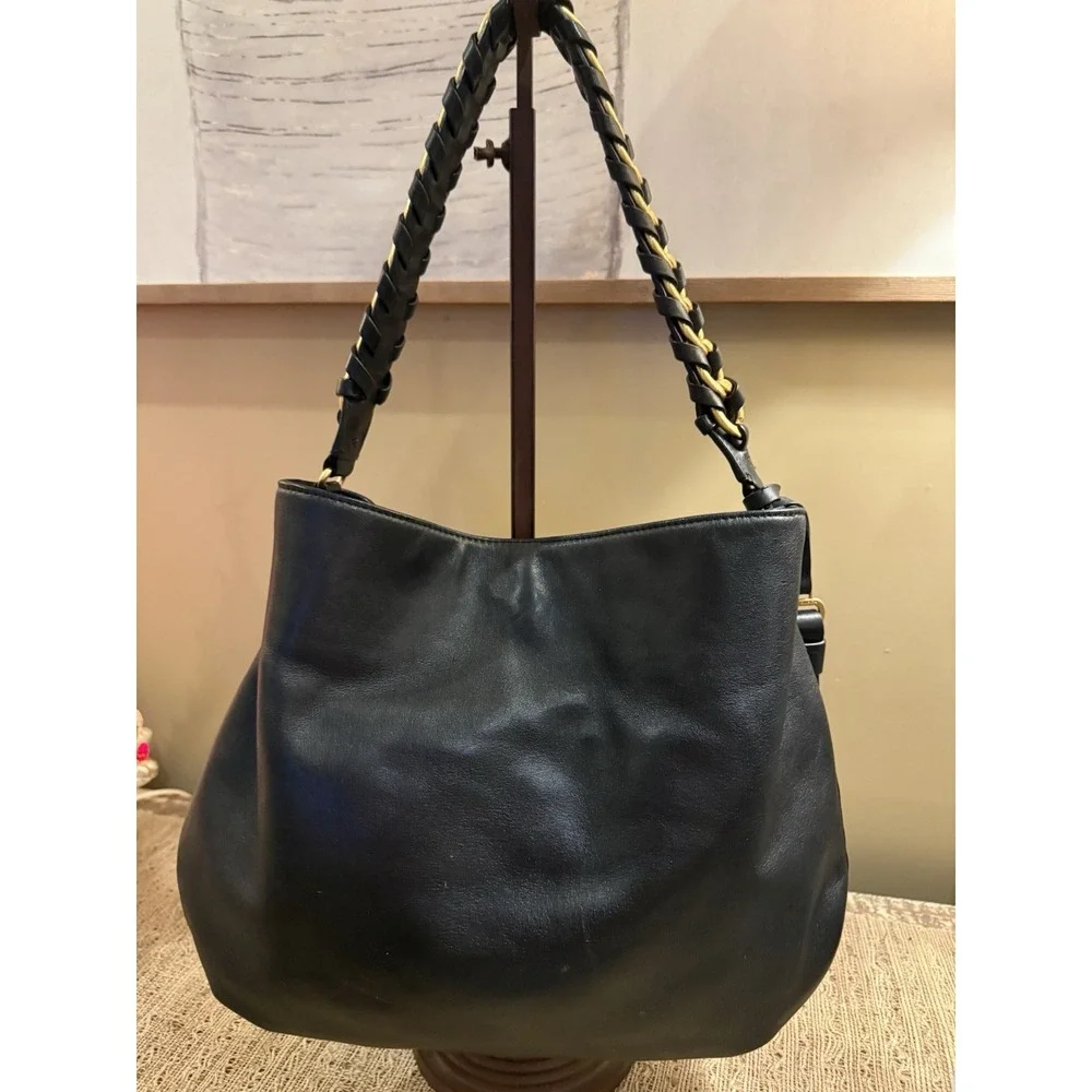 Tory Burch Brooke Minimalist Hobo‎ Bag Black Leather Gold Braided Handle 598$